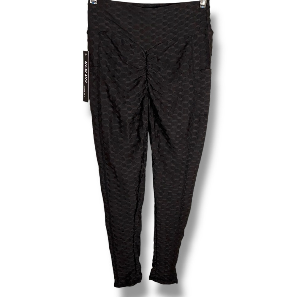 New S/M New Mix Black Textured Leggings Pull On Stretch Athletic Goth